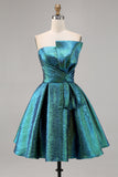 Sparkly Peacock Green Metallic Strapless A Line Short Prom Dress