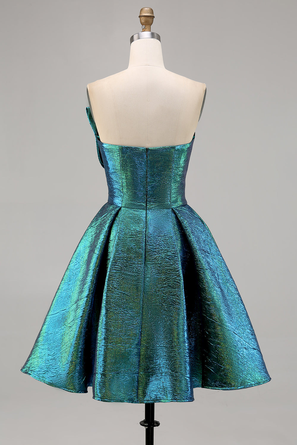 Sparkly Peacock Green Metallic Strapless A Line Short Prom Dress