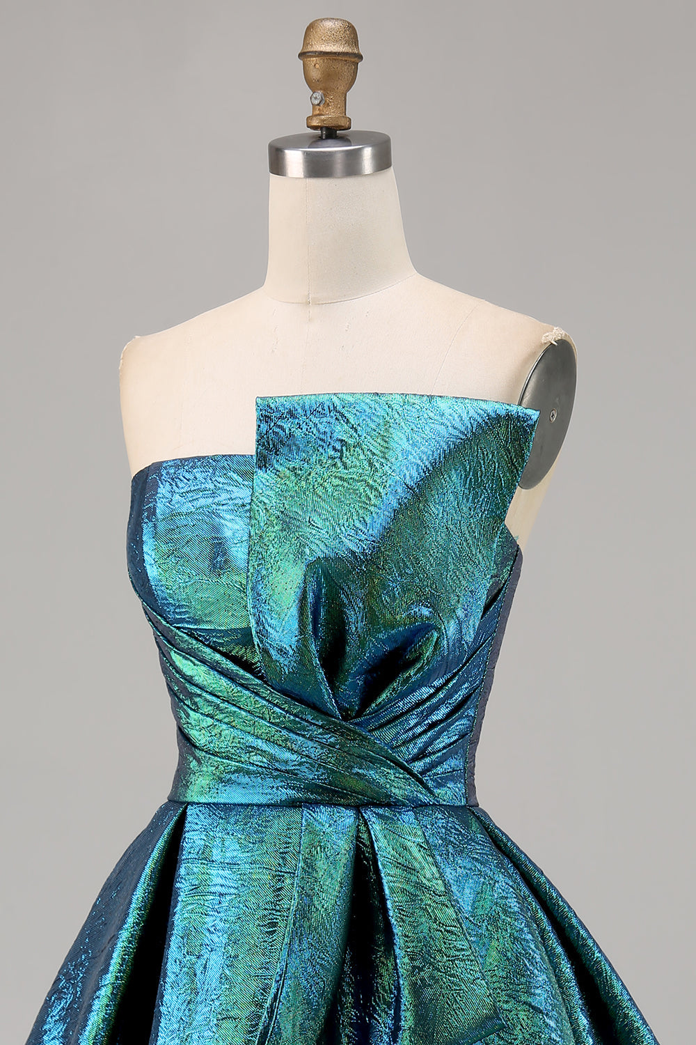 Sparkly Peacock Green Metallic Strapless A Line Short Prom Dress