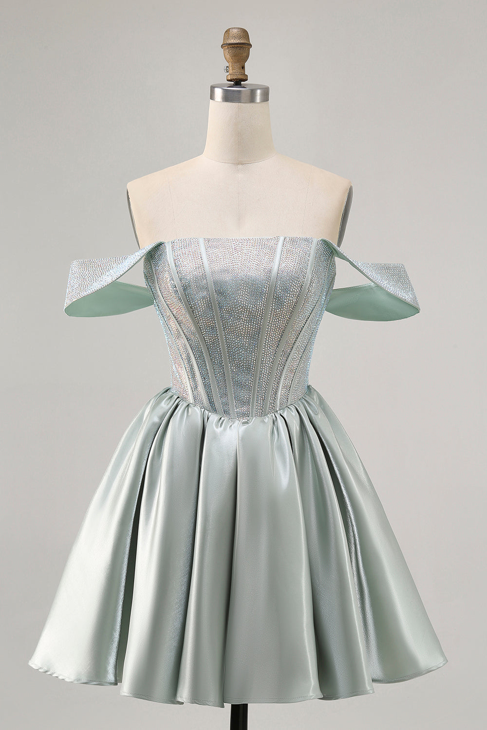 Sparkly Light Green Satin Beaded Short Corset Prom Dress