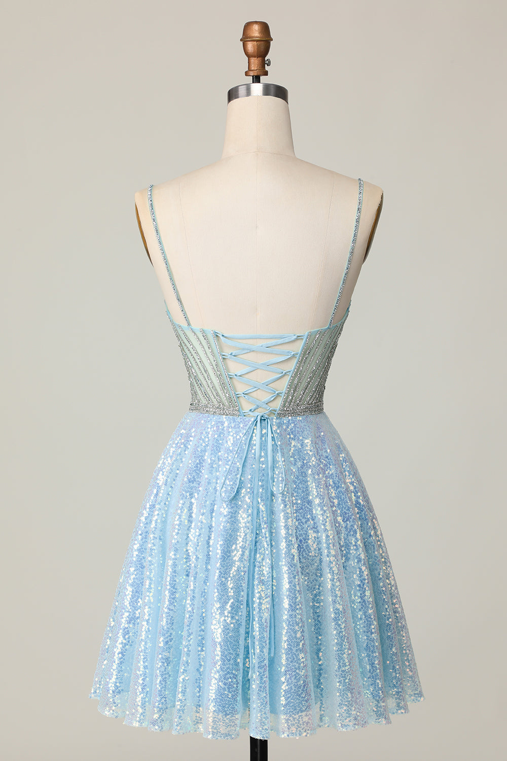 Sparkly Light Blue Sequin A Line Short Prom Dress with Beading