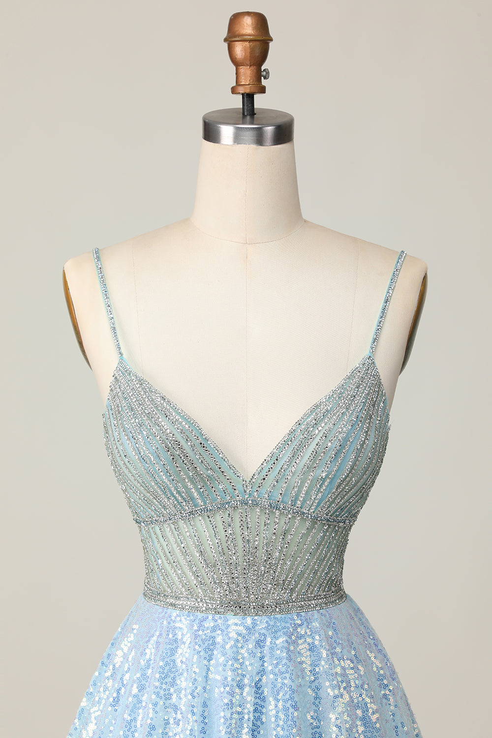 Sparkly Light Blue Sequin A Line Short Prom Dress with Beading