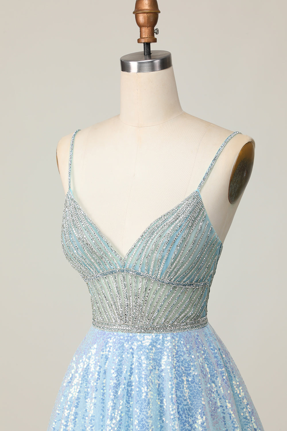 Sparkly Light Blue Sequin A Line Short Prom Dress with Beading