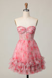 Red Floral Corset Sweetheart Short A Line Prom Dress with Ruffles