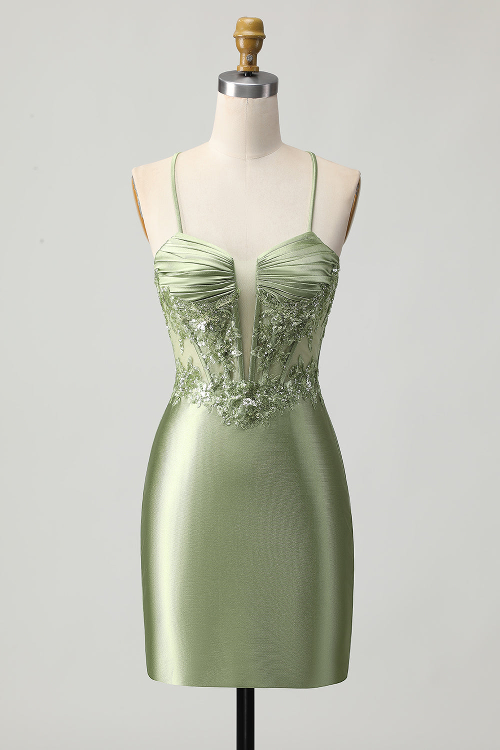 Sparkly Sage Green Corset Tight Short Satin Prom Dress with Sequins