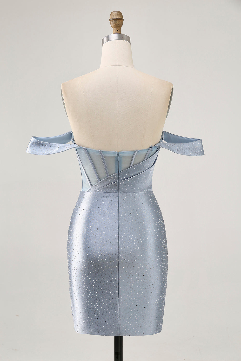 Sparkly Dusty Blue Satin Corset Tight Ruched Mini Prom Dress with Beading