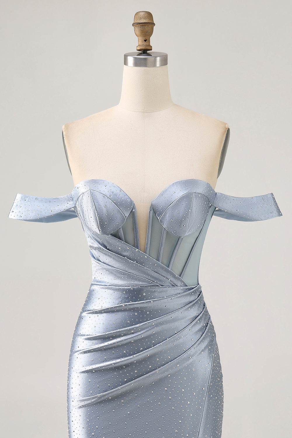 Sparkly Dusty Blue Satin Corset Tight Ruched Mini Prom Dress with Beading