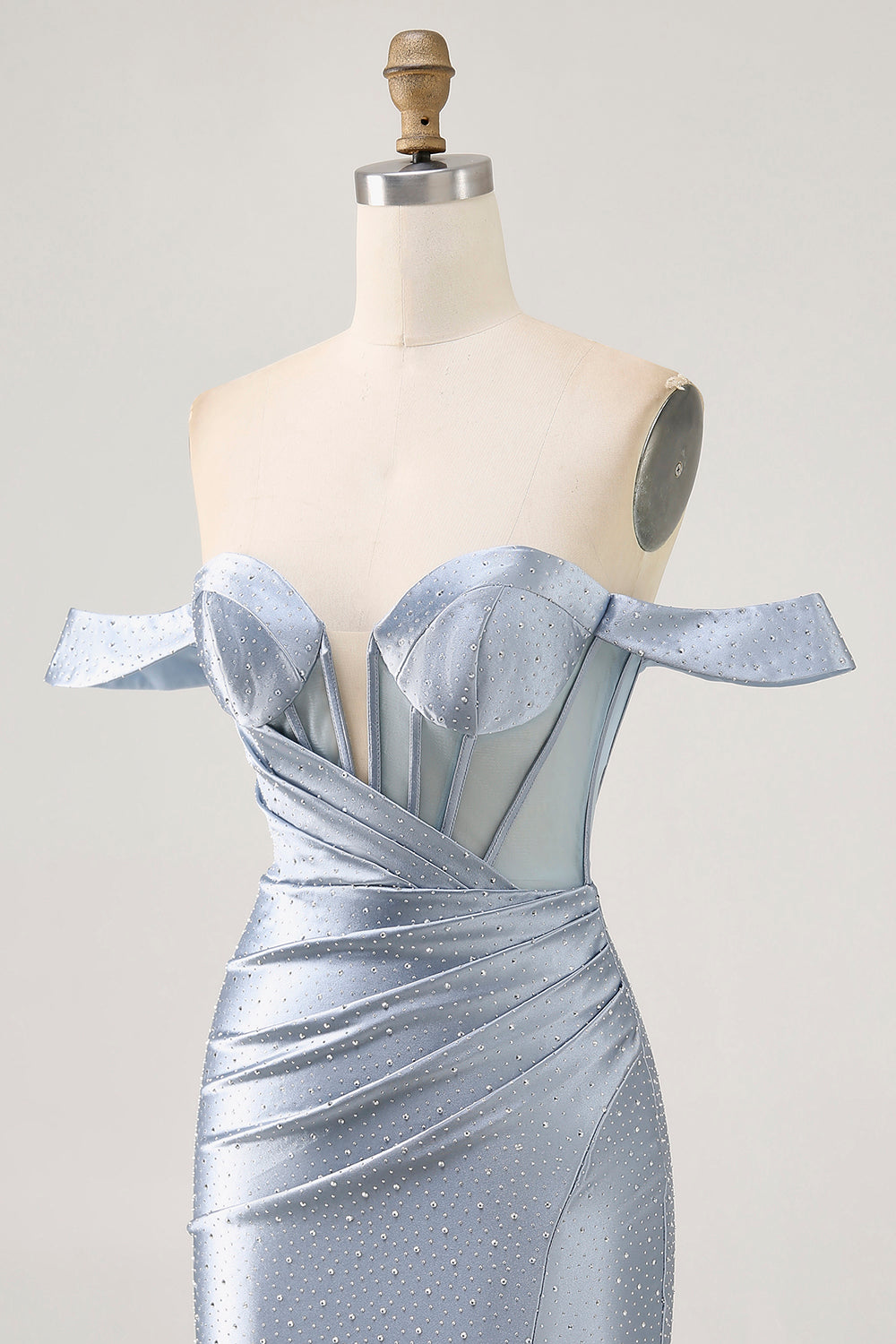 Sparkly Dusty Blue Satin Corset Tight Ruched Mini Prom Dress with Beading