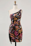 Sparkly Black Sequin Floral Mini Tight Prom Dress with Embroidery