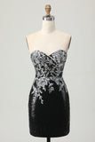 Sparkly Sweetheart Black Silver Tight Short Prom Dress with Sequins