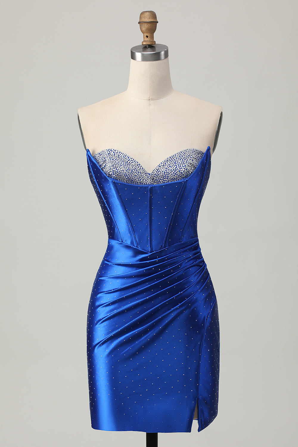 Sparkly Royal Blue Ruched Tight Short Corset Prom Dress with Beading
