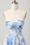 Sweetheart White Blue Flower Corset A Line Short Prom Dress