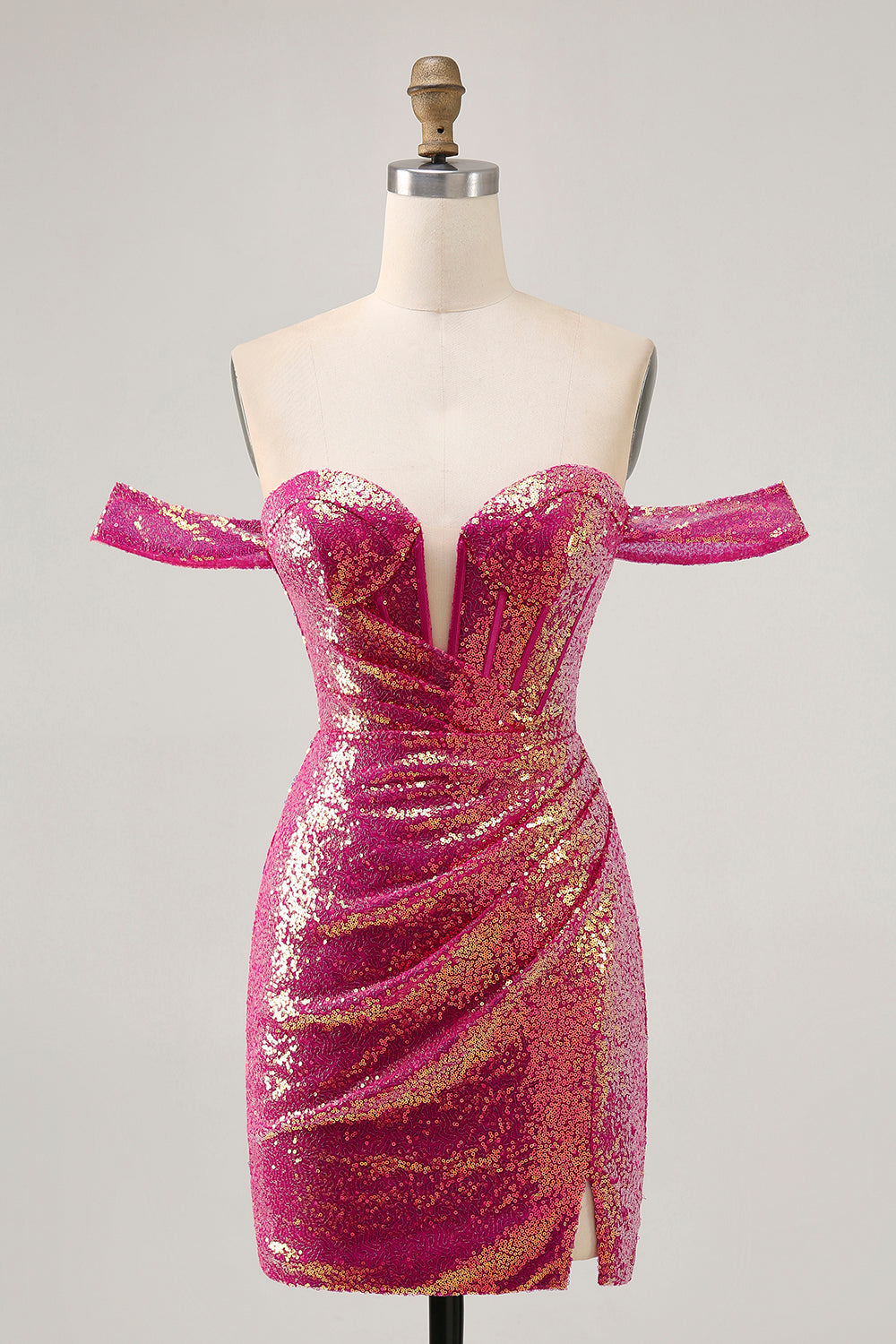 Sparkly Fuchsia Sequin Ruched Tight Short Corset Prom Dress