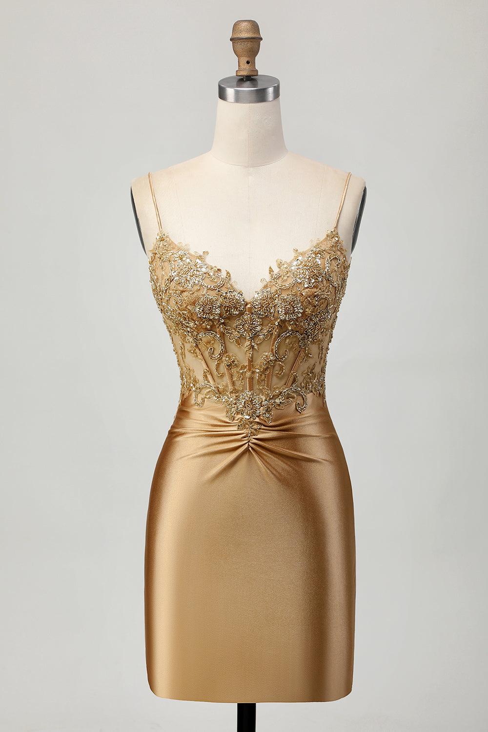 Sparkly Golden Tight Short Corset Prom Dress with Applique