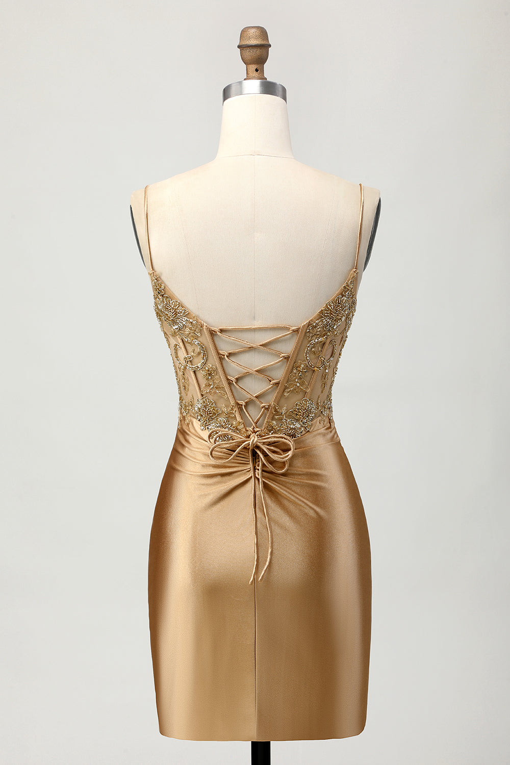 Sparkly Golden Tight Short Corset Prom Dress with Applique