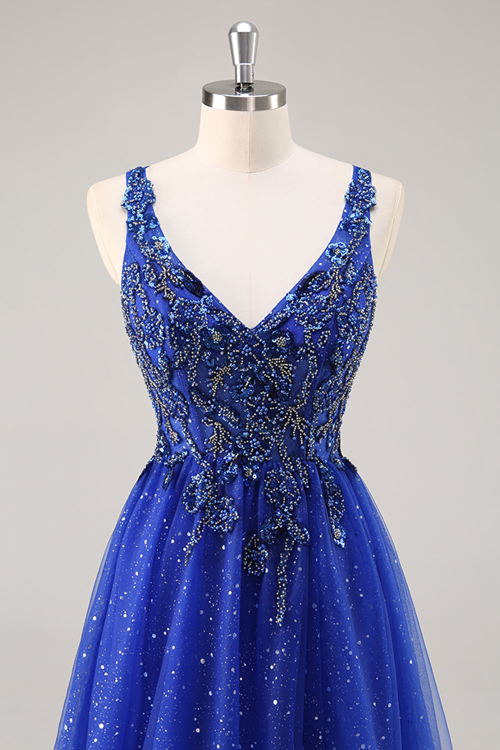 Sparkly Royal Blue Beaded Corset A Line Maxi Prom Dress with Slit