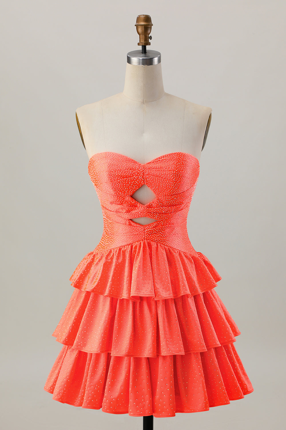 Sparkly Orange Tiered Beaded Cut Out A Line Short Cocktail Dress