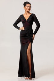 Black Red Mermaid V-Neck Long Sleeves Bridesmaid Dress with Slit