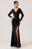 Black Red Mermaid V-Neck Long Sleeves Bridesmaid Dress with Slit