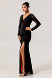 Black Red Mermaid V-Neck Long Sleeves Bridesmaid Dress with Slit
