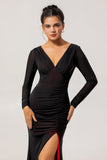 Black Red Mermaid V-Neck Long Sleeves Bridesmaid Dress with Slit