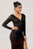 Black Red Mermaid V-Neck Long Sleeves Bridesmaid Dress with Slit