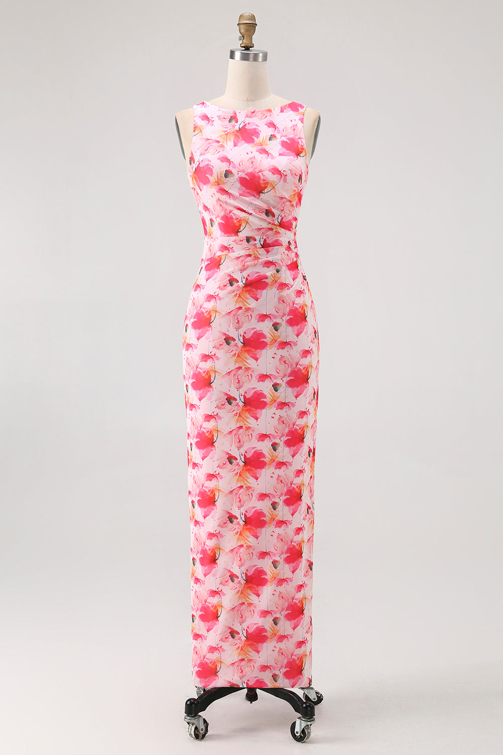 Pink Chiffon Floral Boat Neck Sheath Long Wedding Guest Dress