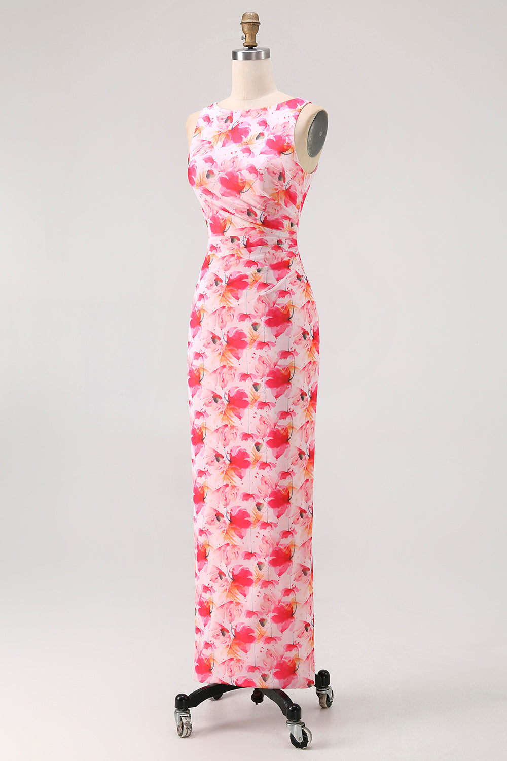 Pink Chiffon Floral Boat Neck Sheath Long Wedding Guest Dress