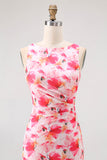 Pink Chiffon Floral Boat Neck Sheath Long Wedding Guest Dress