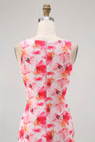 Pink Chiffon Floral Boat Neck Sheath Long Wedding Guest Dress