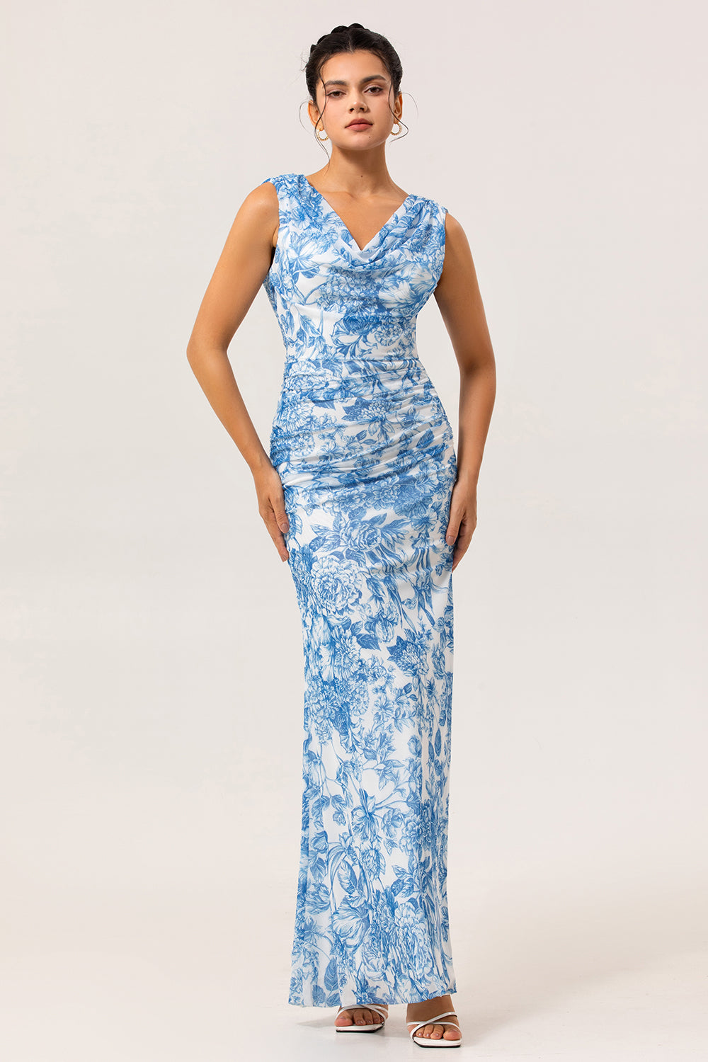 Blue Mermaid Floral Cowl Neck Long Bridesmaid Dress with Slit
