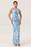Blue Mermaid Floral Cowl Neck Long Bridesmaid Dress with Slit