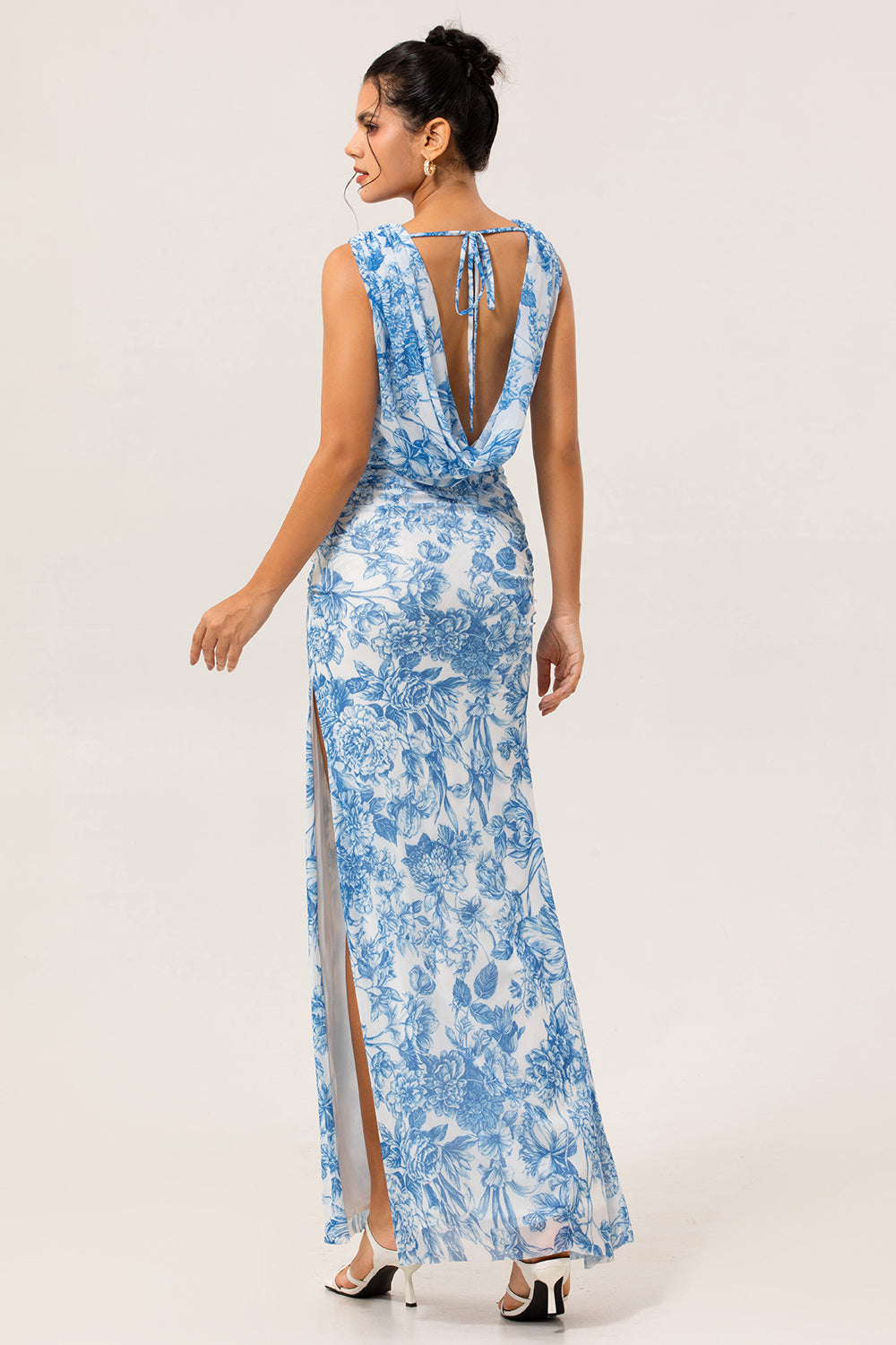 Blue Mermaid Floral Cowl Neck Long Bridesmaid Dress with Slit