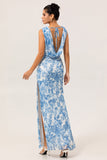 Blue Mermaid Floral Cowl Neck Long Bridesmaid Dress with Slit