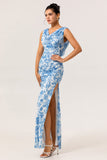 Blue Mermaid Floral Cowl Neck Long Bridesmaid Dress with Slit