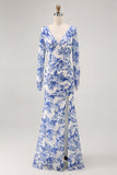 Blue Floral Mermaid V-Neck Long Wedding Guest Dress with Sleeves