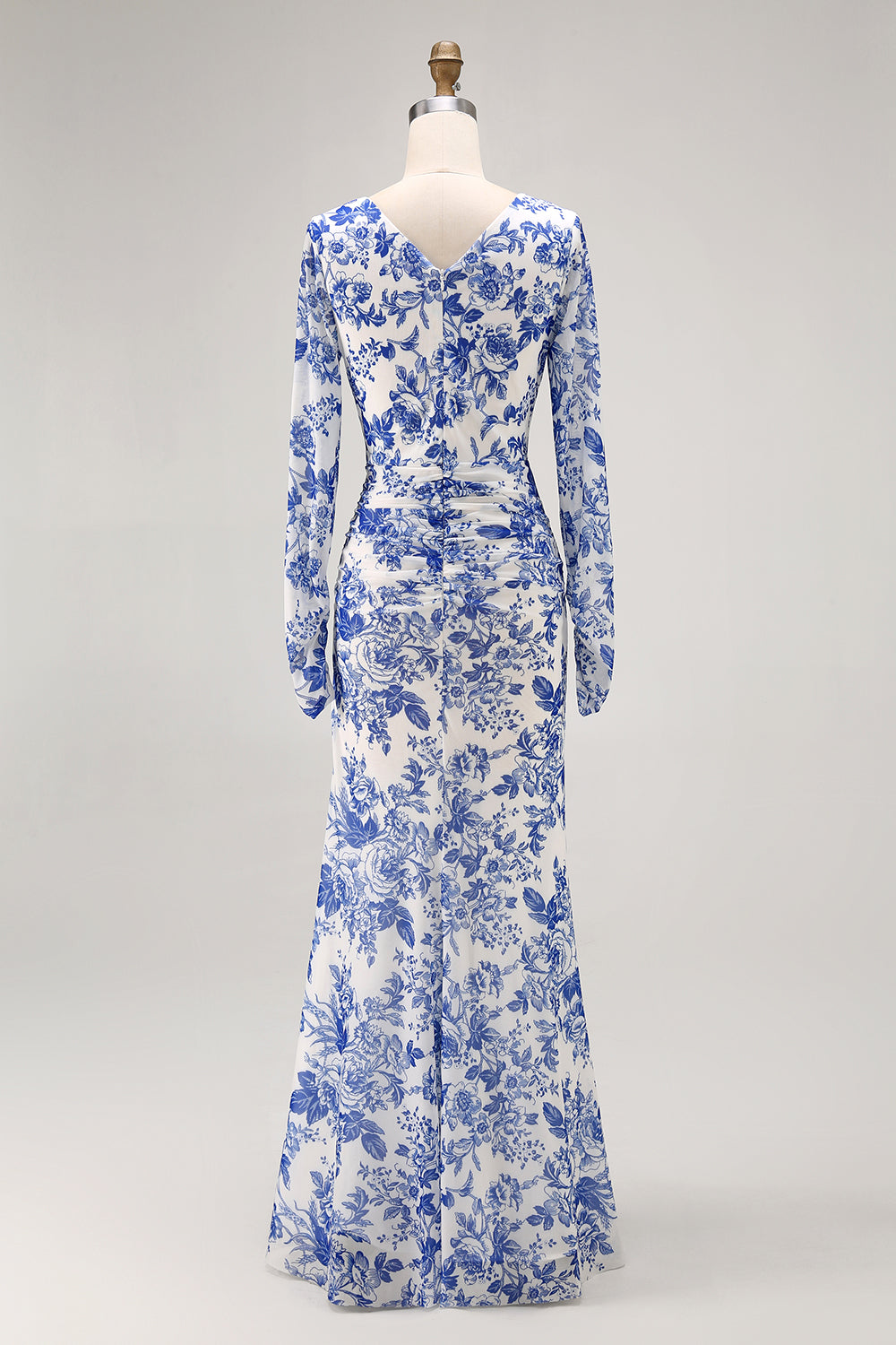 Blue Floral Mermaid V-Neck Long Wedding Guest Dress with Sleeves