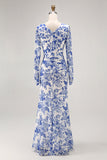 Blue Floral Mermaid V-Neck Long Wedding Guest Dress with Sleeves