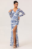 Blue Floral Mermaid V-Neck Long Wedding Guest Dress with Sleeves