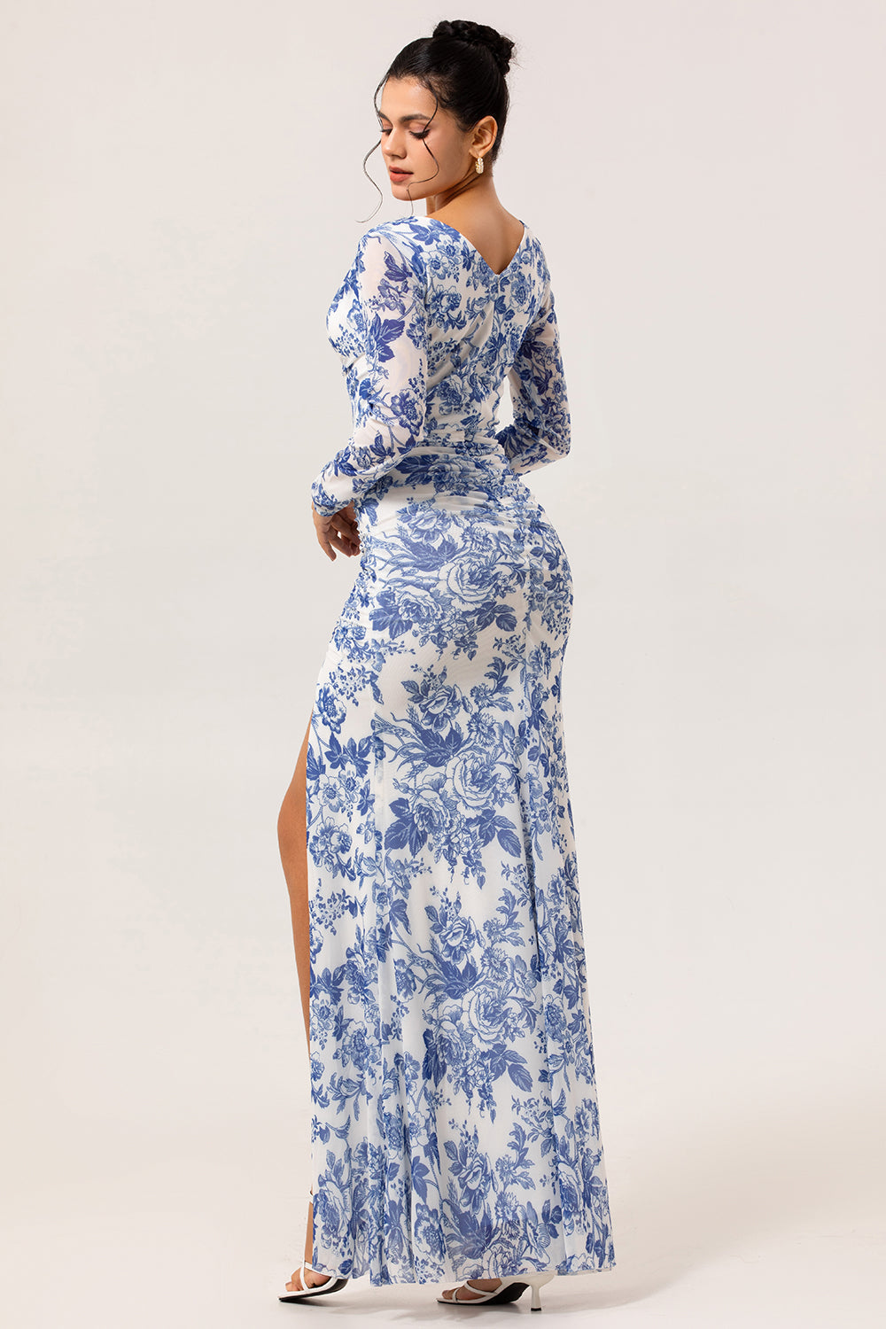 Blue Floral Mermaid V-Neck Long Wedding Guest Dress with Sleeves