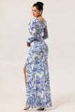 Blue Floral Mermaid V-Neck Long Wedding Guest Dress with Sleeves