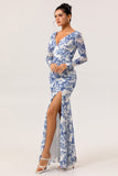 Blue Floral Mermaid V-Neck Long Wedding Guest Dress with Sleeves