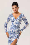 Blue Floral Mermaid V-Neck Long Wedding Guest Dress with Sleeves