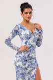 Blue Floral Mermaid V-Neck Long Wedding Guest Dress with Sleeves