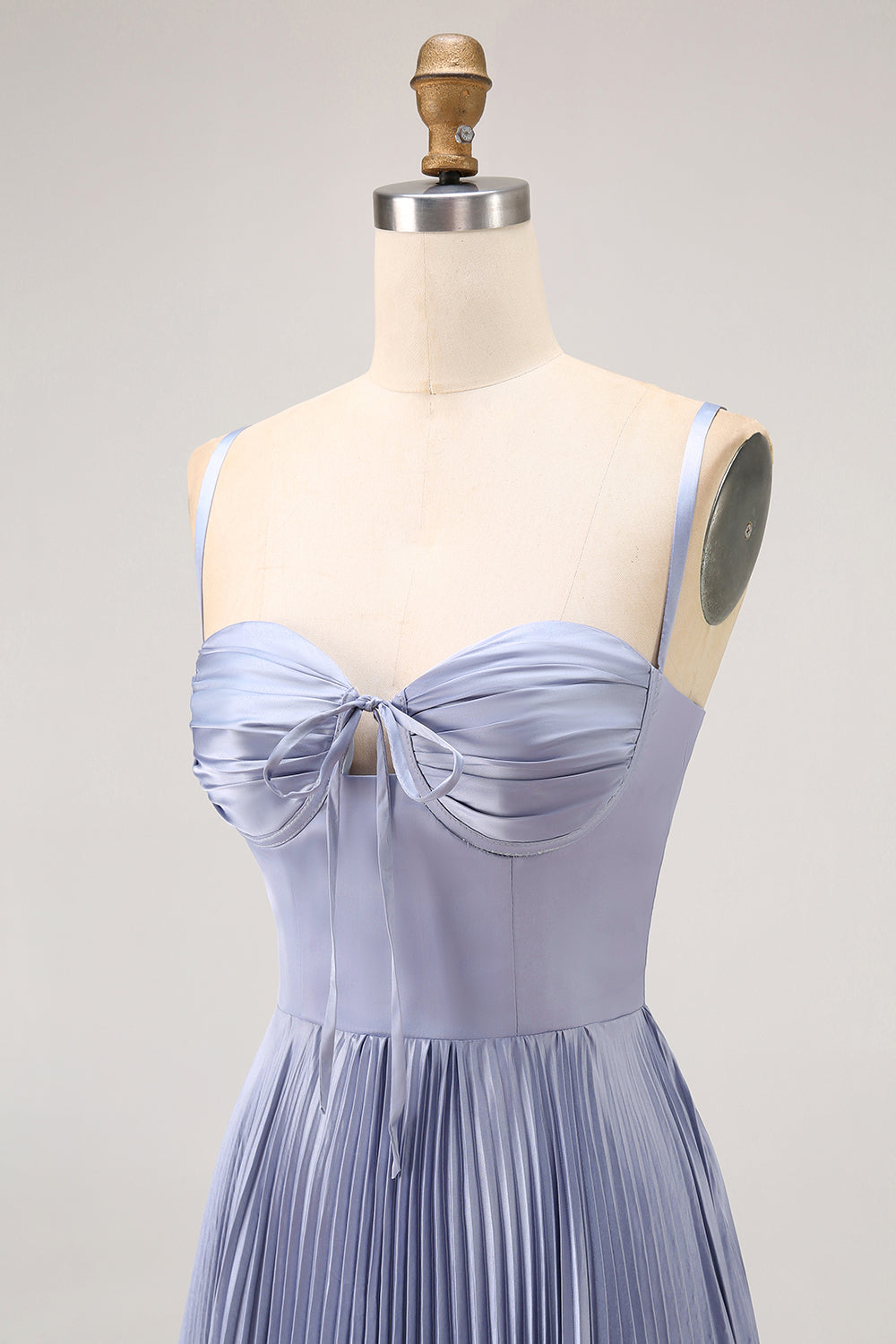 Dusty Blue Satin A Line Pleated Long Bridesmaid Dress with Bow