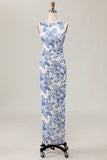 White and Blue Floral Boat Neck Sheath Maxi Wedding Guest Dress