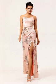 Blush Strapless Floral Maxi Satin Wedding Guest Dress with Slit