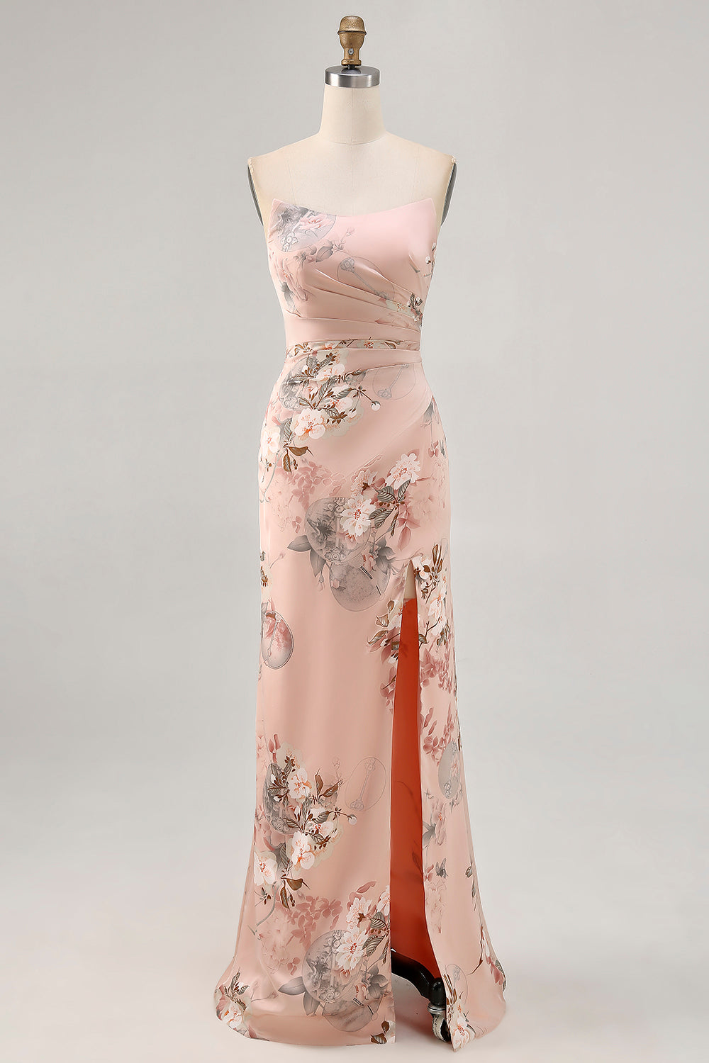 Blush Strapless Floral Maxi Satin Wedding Guest Dress with Slit