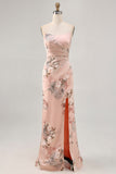 Blush Strapless Floral Maxi Satin Wedding Guest Dress with Slit