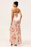 Blush Strapless Floral Maxi Satin Wedding Guest Dress with Slit